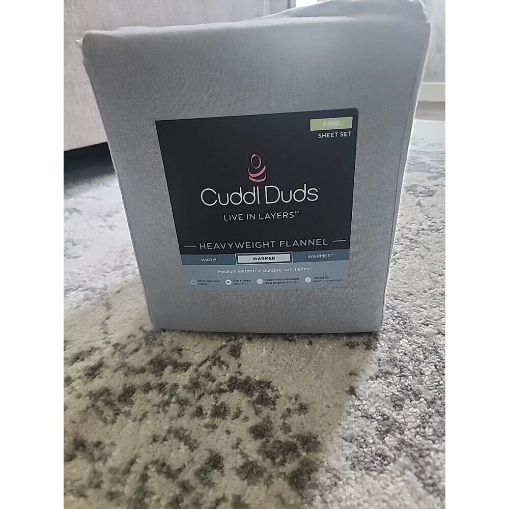 Cuddl Duds Heavyweight Flannel KING 100% Brushed Cotton Sheet Set Grey Heather